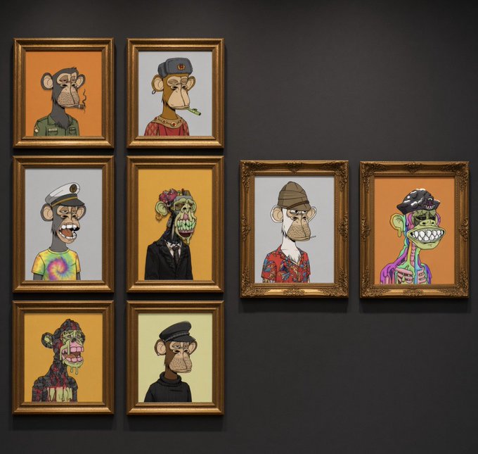 Seven ornate gold-framed portraits display Bored Ape Yacht Club NFT characters in various styles and outfits, arranged on a dark gallery wall. The image illustrates the post's message, showcasing the artist's collection of BAYC subscribers featured as different ape profiles.