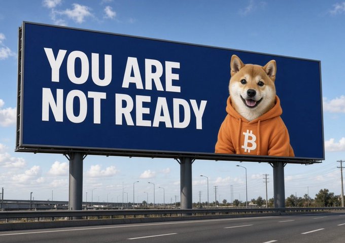 A roadside billboard with a blue sky background displays the text 'YOU ARE NOT READY' next to a Shiba Inu dog wearing an orange Bitcoin hoodie.