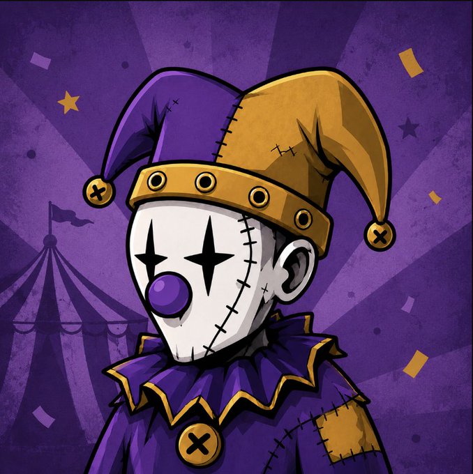 A cartoon illustration of a creepy jester character with a purple and gold hat, white face, and stitched details, set against a purple background with confetti.