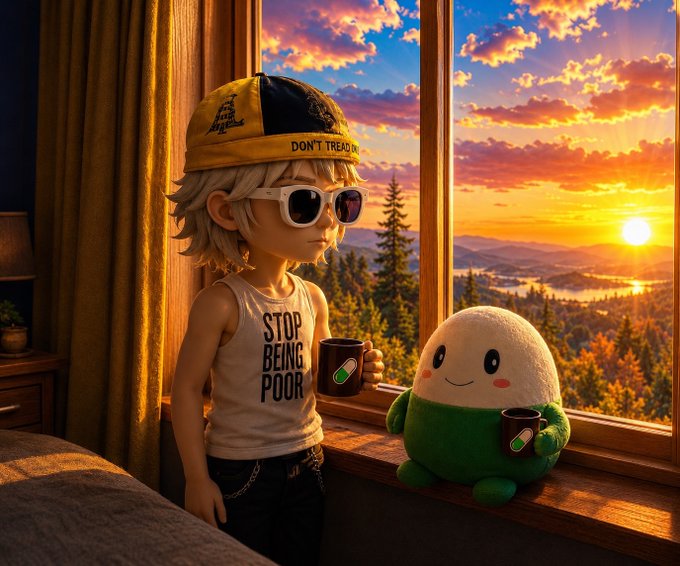 The image features a cartoon character wearing sunglasses, a hat, and a t-shirt with the words "stop being poor". Next to the character, there's a stuffed animal that looks like a green egg. The scene takes place near a window, where the sun is shining brightly through it, creating a warm glow in the room.