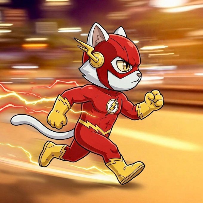 Illustration of an anthropomorphic cat wearing a red Flash-style superhero costume with a lightning bolt emblem, running with yellow lightning trailing behind.