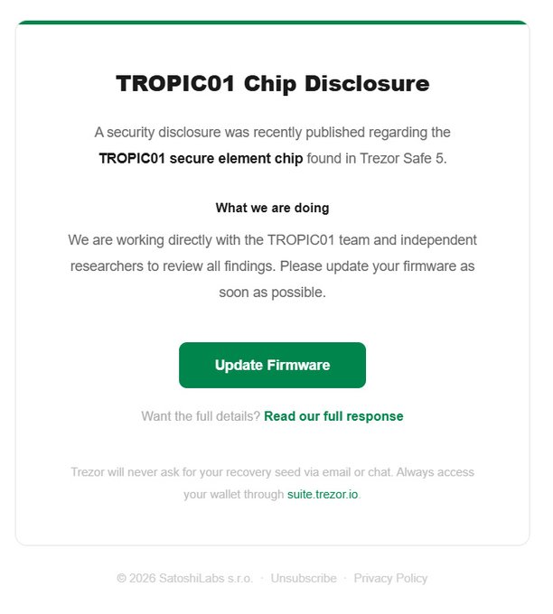 The image shows a screenshot of an email sent by Tresor, Inc., promoting a software update for their product. The email includes information about a recent security disclosure that was recently published regarding the Trozor secure element chip found in Trozor S5. It advises users to update their system immediately due to these security issues and offers to help with the process of updating their software if needed, as well as providing instructions on how to change settings or reinstall the operating system from scratch for those who choose to go that route.