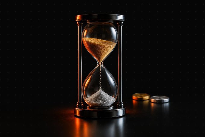 A close-up photograph of an hourglass with golden sand flowing downward, positioned next to gold and silver coins against a dark background.