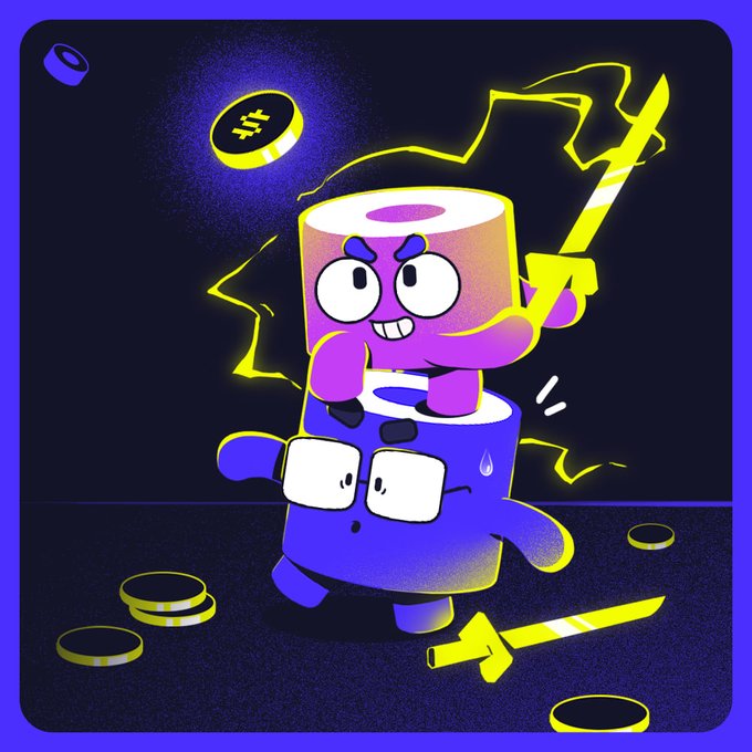 Cartoon illustration of a purple character on a blue cylindrical character wielding a glowing yellow sword with floating coins around them.