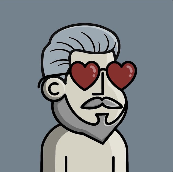 A cartoon drawing of a gray-haired man with a beard wearing heart-shaped red sunglasses and drooling slightly.