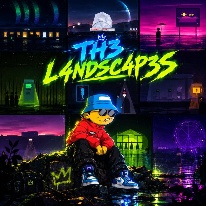 A vibrant collage showcases "TH3 L4NDSC4P3S" NFT collection featuring a cartoon character in a blue cap, red hoodie, and Jordans sitting on a graffiti-tagged wall, surrounded by neon-lit scenes including a "Farewell Moon" billboard, a Bitcoin ATM, and a purple Ferris wheel at 104°. The neon green graffiti text and "WL" (whitelist) giveaway promo align with the upcoming Tuesday 09/29 drop of 300 fine art digital compositions at 0.02 ETH each.