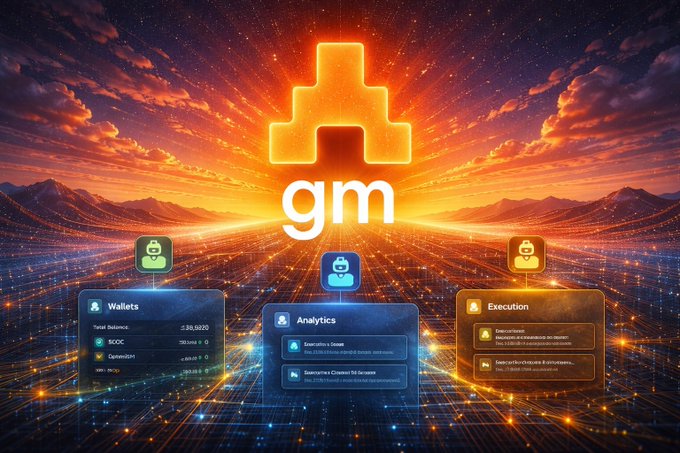 A digital dashboard graphic with "gm" at the center against a fiery sunset background, featuring floating UI panels for Wallets, Analytics, and Execution.
