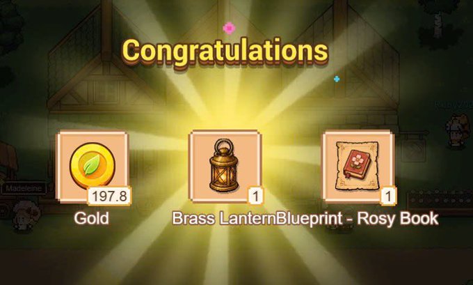 A game rewards screen displaying 'Congratulations' with earned items: 197.8 Gold, 1 Brass Lantern, and 1 Blueprint - Rosy Book.
