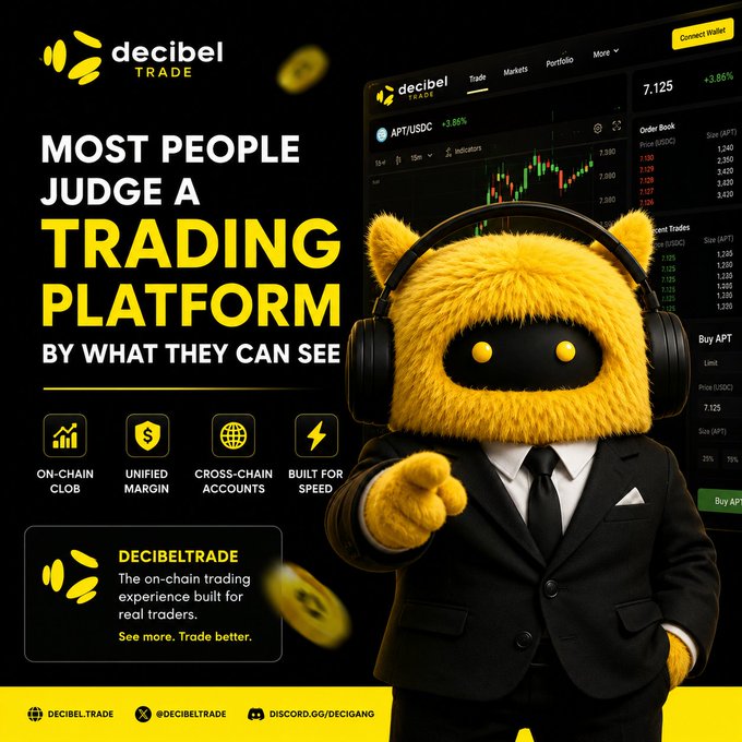 The promotional image for "Decibel Trade" features a fluffy yellow robot mascot wearing black headphones and a sharp business suit, pointing confidently toward the viewer against a backdrop of a trading interface showing the APT/USDC pair at 7.125 (+3.86%), an order book, and candlestick charts, while bold text declares "MOST PEOPLE JUDGE A TRADING PLATFORM BY WHAT THEY CAN SEE," accompanied by four feature icons highlighting "ON-CHAIN CLUB," "UNIFIED MARGIN," "CROSS-CHAIN ACCOUNTS," and "BUILT FOR SPEED," with the brand's tagline "The on-chain trading experience built for real traders. See more. Trade better." and social links at the bottom, perfectly illustrating the post's message that while users see charts, order books, and Buy/Sell buttons on the surface, the real focus should be on the underlying infrastructure powering every trade.