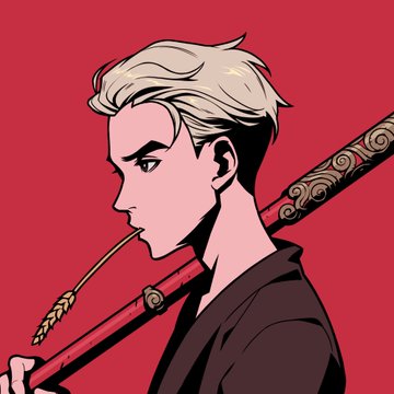 An anime-style illustration of a blonde-haired man in profile holding a sword, set against a bold red background.