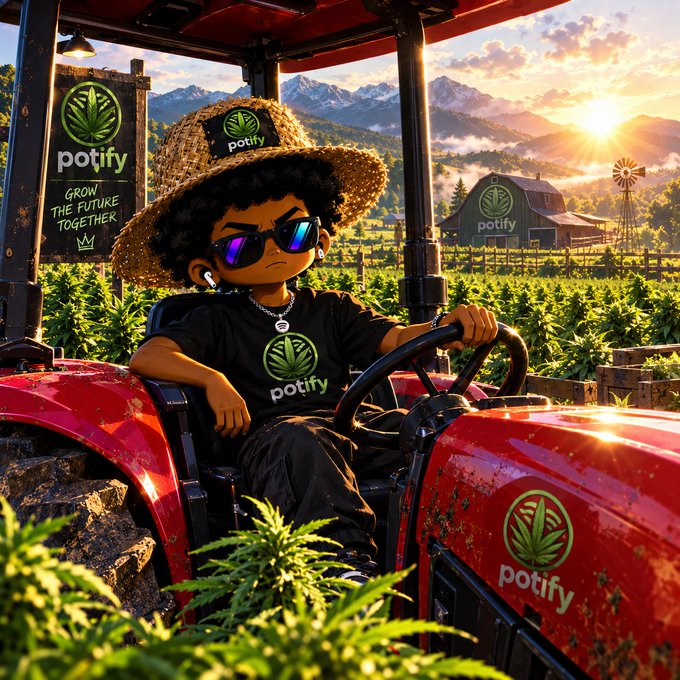 A stylized illustration of a character wearing a straw hat and sunglasses sitting in a red tractor in a field, surrounded by 'potify' logos with cannabis leaves and the text 'GROW THE FUTURE TOGETHER'.