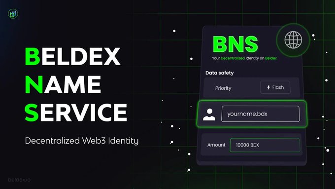 A dark-themed promotional graphic for the Beldex Name Service (BNS), highlighting it as a "Decentralized Web3 Identity" platform with a sample registration interface showing fields for name, priority, flash option, and amount (10000 BDX). The image aligns with the post's message that BNS is more than just a name service—it represents one of several privacy-focused infrastructure pieces @Beldex is building, extending identity utility across the Web3 ecosystem.