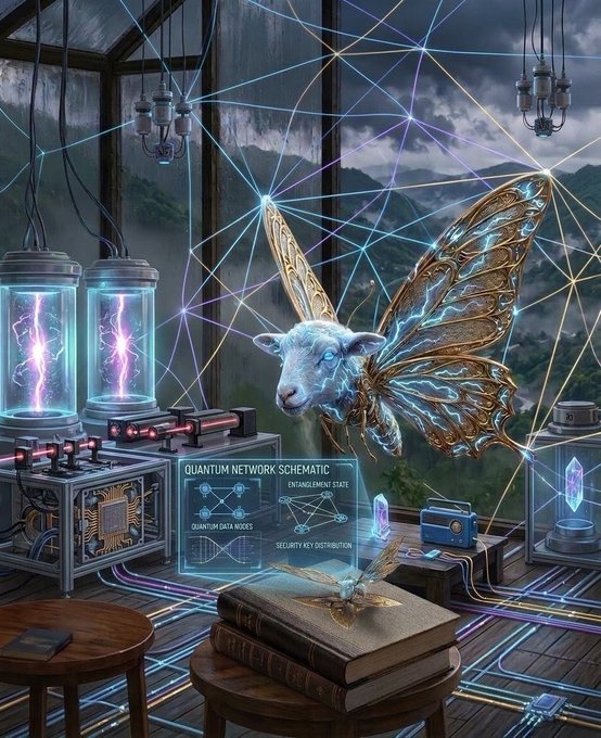 A fantasy-style digital artwork depicting a mechanical winged goat in a steampunk laboratory with glowing tubes and a holographic 'QUANTUM NETWORK SCHEMATIC' diagram.