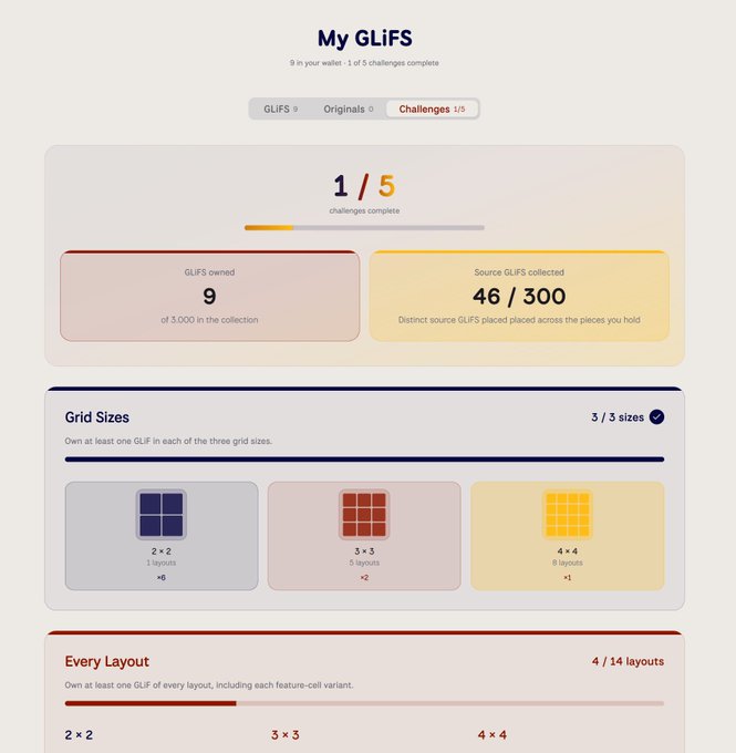A web page interface titled 'My GLIFS' showing a progress tracker with '1 / 5 challenges complete,' indicating 9 GLIFS owned out of 3,000 and 46 of 300 source GLIFS collected.
