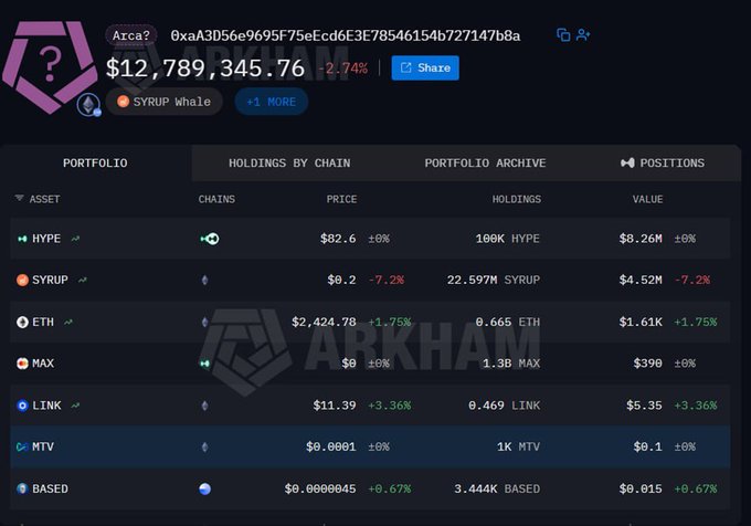 A cryptocurrency portfolio dashboard shows a total value of $12,789,345.76, with holdings including HYPE, SYRUP, ETH, MAX, LINK, MTV, and BASED; the wallet is labeled “SYRUP whale.”