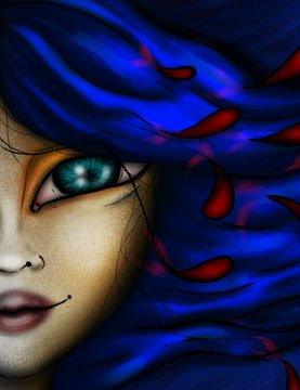A digital illustration of a character with a large teal eye and flowing dark blue hair.