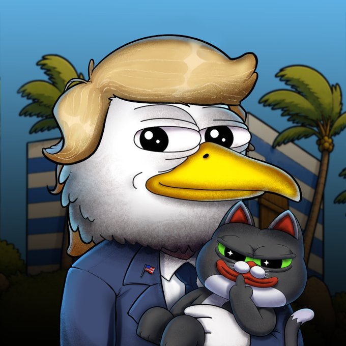 A cartoon eagle character with blonde hair, dressed in a blue suit and wearing a small American flag pin, holds a smug black cat with green sparkly eyes against a tropical backdrop with palm trees and a striped building. The whimsical, meme-style imagery pairs with the post's casual "mint watchlist" tone, visually reinforcing the playful, degen spirit of scouting NFT launches.