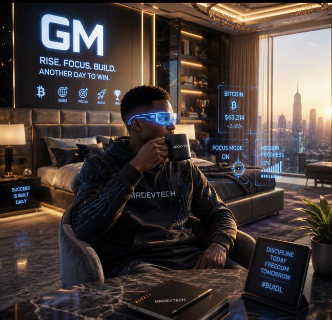 A man sits in a luxurious room with a city skyline view, wearing smart glasses and a "MRDEVTECH" hoodie while drinking from a mug, surrounded by motivational displays like "GM RISE. FOCUS. BUILD." and a Bitcoin price ticker showing $63,214.