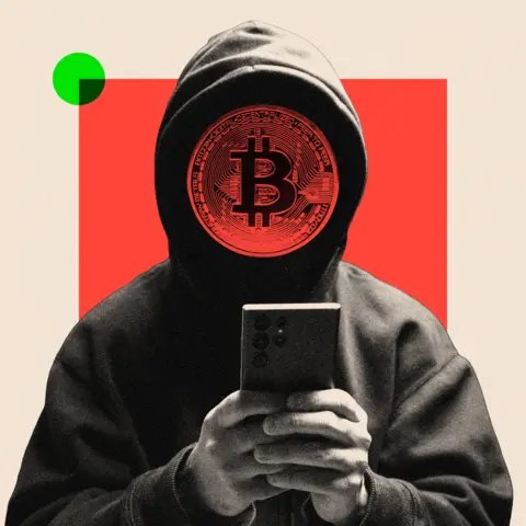 An artistic illustration depicts a hooded figure with a Bitcoin logo for a face, holding a smartphone against a red and cream background with a green circle accent.