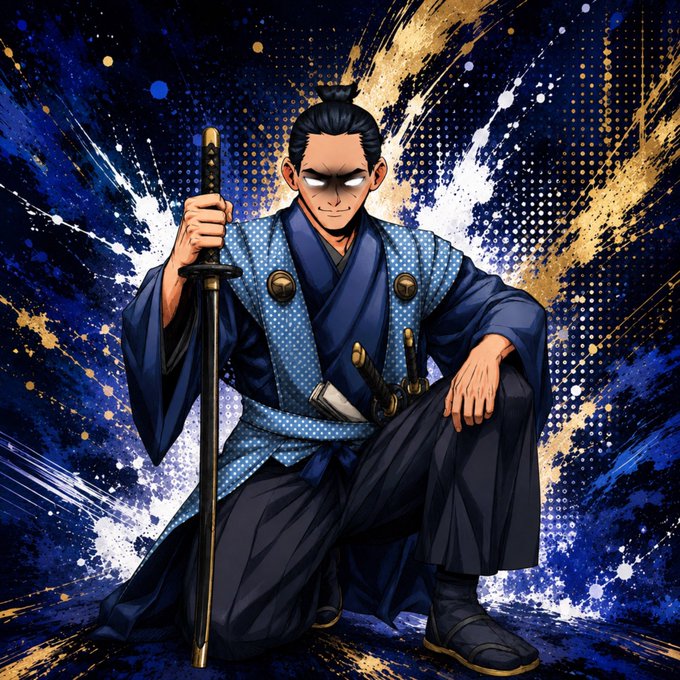 An anime-style illustration of a samurai in blue traditional attire crouching with a katana, set against a dynamic blue and gold ink-splashed background.