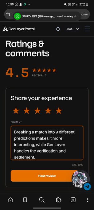 Screenshot of a 'Ratings & comments' page on GenLayerPortal showing a 4.5-star review being written about breaking matches into 9 predictions.