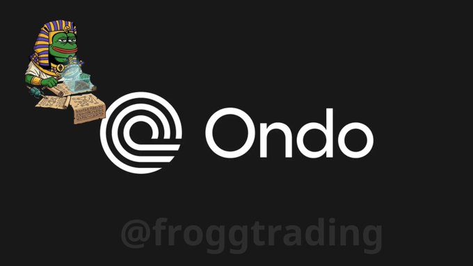 A black screen displays the 'Ondo' logo with a stylized 'O' next to a cartoon frog dressed as an Egyptian pharaoh, with '@froggtrading' text below.