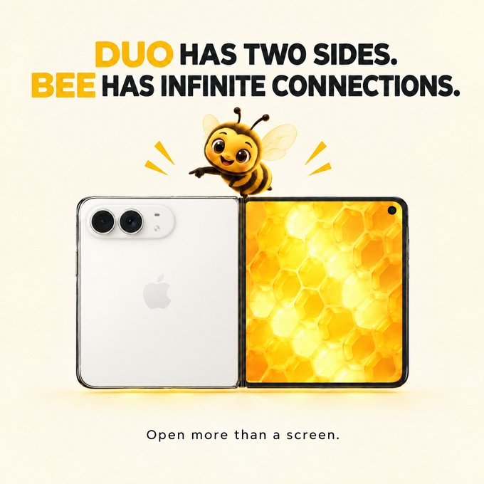 The advertisement shows two iPhones displayed side-by-side, one showing its white back with Apple logo and the other displaying a golden honeycomb pattern, with a cartoon bee flying above them. The text reads "DUO HAS TWO SIDES. BEE HAS INFINITE CONNECTIONS." and "Open more than a screen," cleverly paralleling the iPhone Duo's dual nature with Bee Network's expansive connectivity.