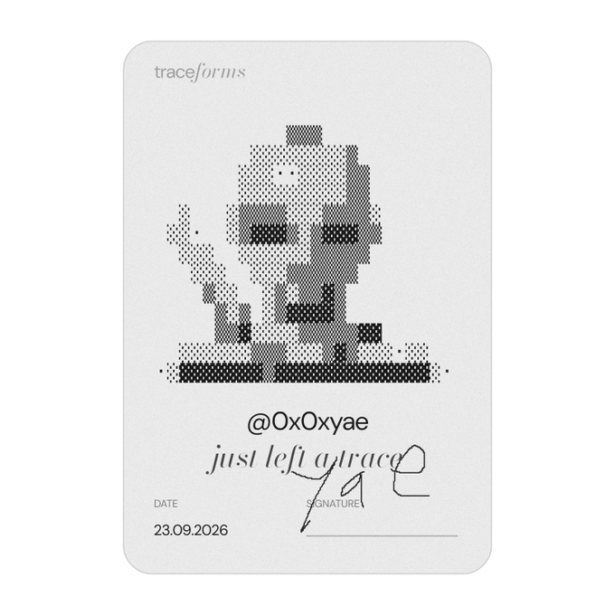 A black-and-white digital artwork titled "traceforms" featuring a halftone-pixelated portrait, signed by "@0xOxyae" with the text "just left a trace" and dated 23.09.2026.