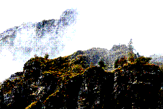 A heavily pixelated and glitched photograph showing indistinct figures, possibly a couple, with colorful artifacts obscuring the details.