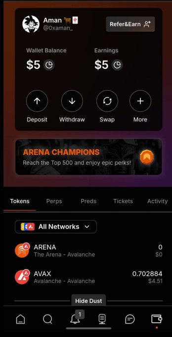 A screenshot of a crypto wallet app showing user 'Aman' (@0xaman_) with a $5 wallet balance and earnings, displaying tokens ARENA and AVAX on the Avalanche network.