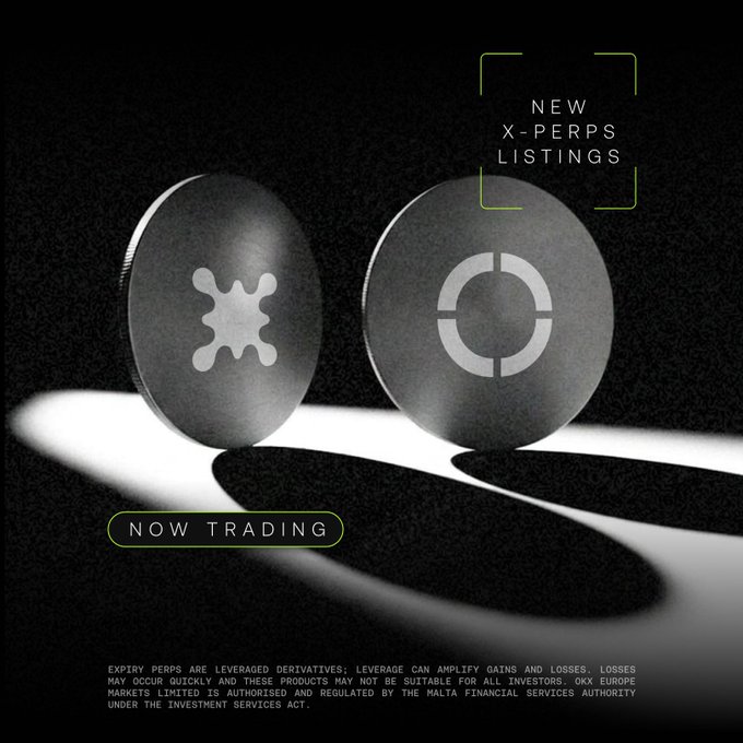 A promotional image announcing 'NEW X-PERPS LISTINGS' featuring two metallic discs with symbols on them, with 'NOW TRADING' displayed below.