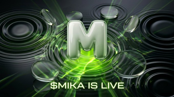 A glowing, translucent letter 'M' floats in a pool of liquid surrounded by glass discs, with the text '$MIKA IS LIVE' at the bottom.