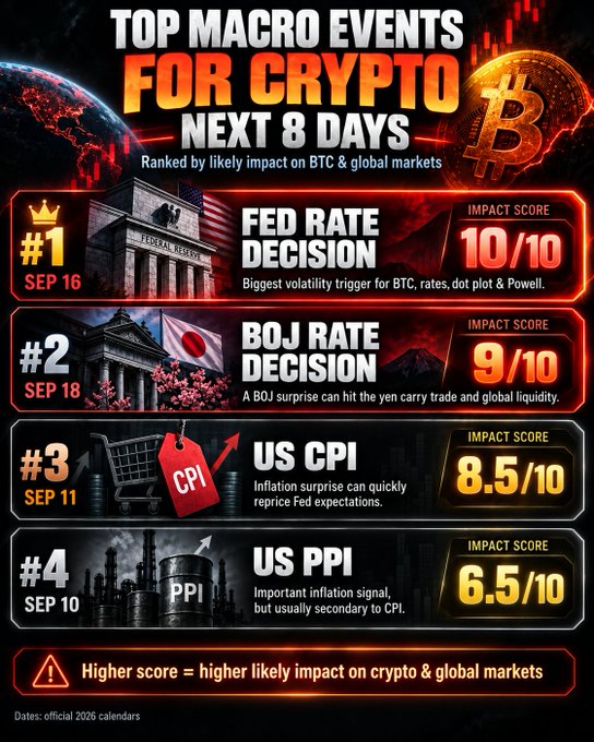 An infographic titled 'TOP MACRO EVENTS FOR CRYPTO NEXT 8 DAYS' listing Fed Rate Decision (10/10), BOJ Rate Decision (9/10), US CPI (8.5/10), and US PPI (6.5/10) with impact scores.