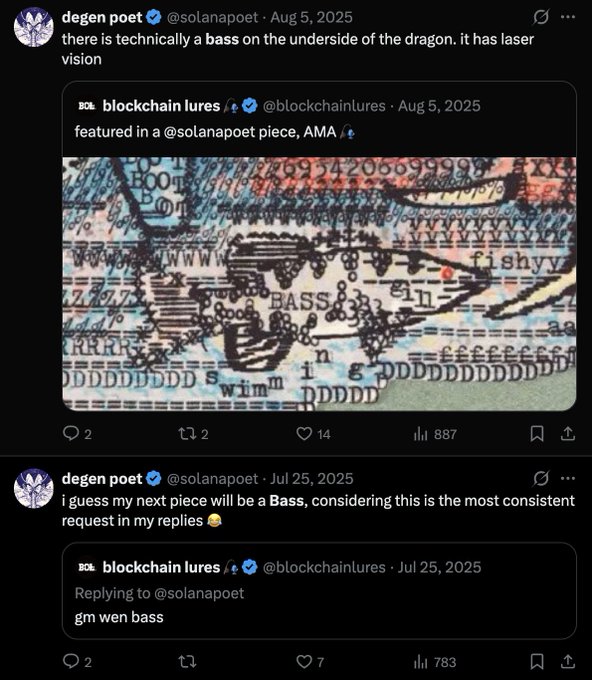 A screenshot of X posts from @solanapoet showing ASCII art that includes a dragon and a fish labeled 'BASS', with text mentioning laser vision.