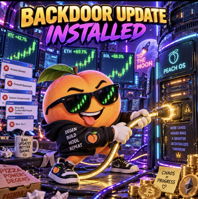 A cartoon peach character wearing sunglasses and a hoodie labeled 'DEGEN BUILD HODL REPEAT' is shown with 'BACKDOOR UPDATE INSTALLED' in bold text, surrounded by crypto charts for BTC, ETH, and SOL.