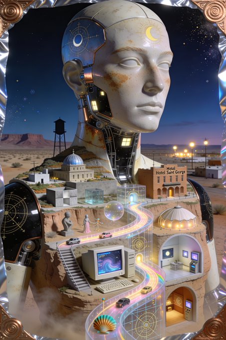 The image features an artistic rendering of a robot head, which appears to be made out of stone with a face and eyes. The robot's head is positioned above a large screen displaying a futuristic cityscape filled with buildings, cars, and other elements that suggest a technological future. The scene also includes a person standing in front of the robot head, possibly interacting with it or observing its features. The image seems to be part of an art project or exhibition, as indicated by the caption provided.
