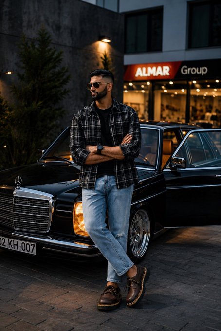 A man in sunglasses, a plaid shirt, and jeans leans against a black classic Mercedes-Benz car parked in front of a building with an 'ALMAR Group' sign.