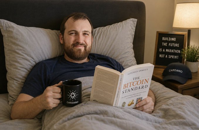 The image features a man lying in bed holding a book titled "The Bitcoin Standard" while drinking from a coffee mug, with a hat nearby. The caption of the image reads, "Charles Hoskinson is taking a break. Crypto moves 24/7. Humans don't. Building billion-dollar ecosystems, dealing with endless criticism and carrying an entire community on your shoulders isn't easy. A good reminder that even the strongest builders need to step away sometimes." This post seems to be promoting the idea of taking breaks from building massive digital projects or ICOs (Initial Coin Offerings) in order to maintain focus and avoid burnout, as well as highlighting the importance of self-care within the world of cryptocurrency.