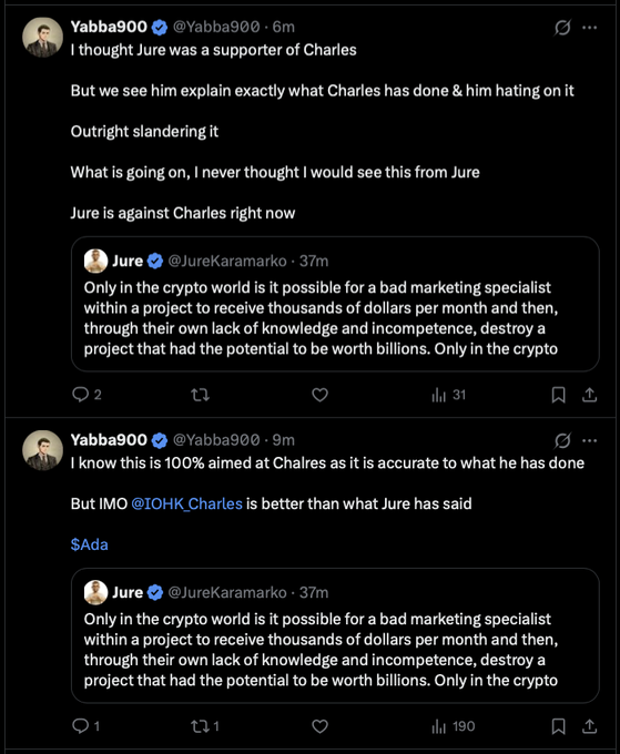 A screenshot of Twitter/X posts showing Yabba900 (formerly known as "Yabba") commenting on a tweet by Jure (@JureKaramarko) that criticized a "bad marketing specialist" in the crypto world, with Yabba suggesting the criticism is aimed at Charles Hoskinson (IOHK) and expressing disbelief at Jure's stance, though Jure later responded to Yabba clarifying he 100% supports Charles.