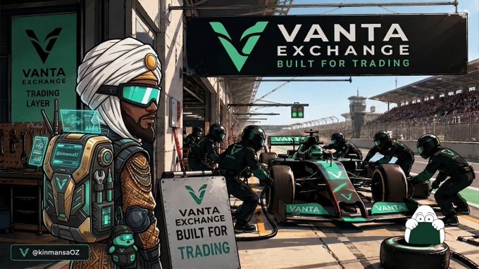 An illustration for 'VANTA EXCHANGE - BUILT FOR TRADING' depicting a futuristic man with tech gear watching a Formula 1 pit crew service a race car, credited to '@kinmansa2Z'.