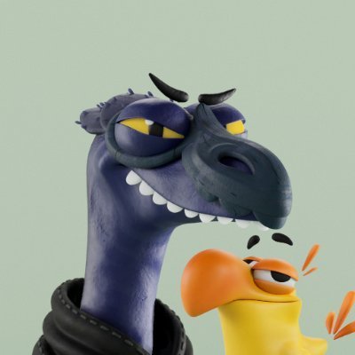 A 3D rendered image of two stylized cartoon characters: a tall purple dragon-like creature with a black snout and a shorter yellow creature with an orange beak.