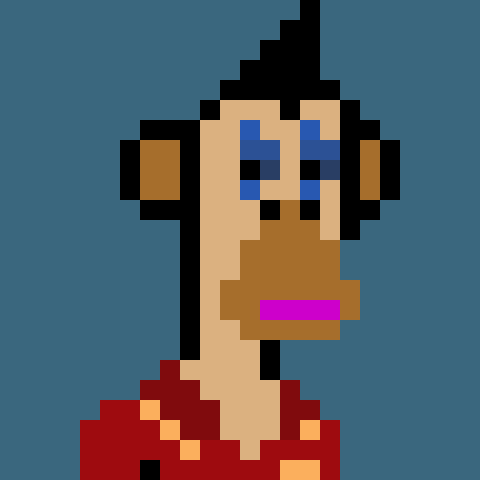 A low-resolution pixel art portrait of a character with black hair, blue glasses, a beard, and pink lips against a solid blue background.