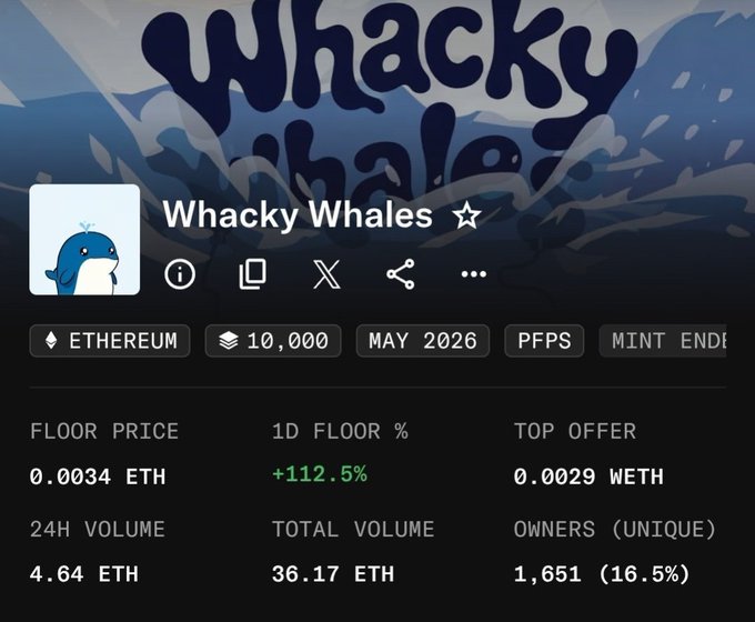 The image shows a page from a cryptocurrency trading platform called "Whacky Whales" that tracks the number of cryptocurrency wallets currently open for trading. It highlights that there are 2E+1 in volume, which means about 2.15 million people have wallets on this platform. The text also mentions how long it has been 3 days since mint, and OpenSea still refused to give them their checkmark because they haven't met the required engagement criteria yet. Additionally, the image includes a quote from @opensea that says "It's been 3 days since mint kept us off Trending".