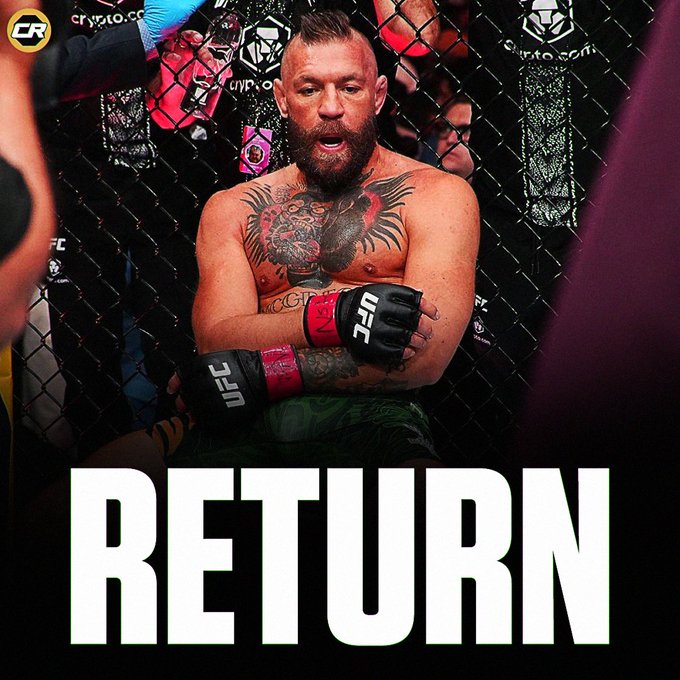 A bearded, tattooed fighter wearing UFC gloves sits against the octagon fence with arms crossed, with the word "RETURN" displayed prominently below, suggesting a comeback match. The image aligns with the post's reference to setting up a Polymarket prediction market around the fighter's signature flying kick to open the bout.