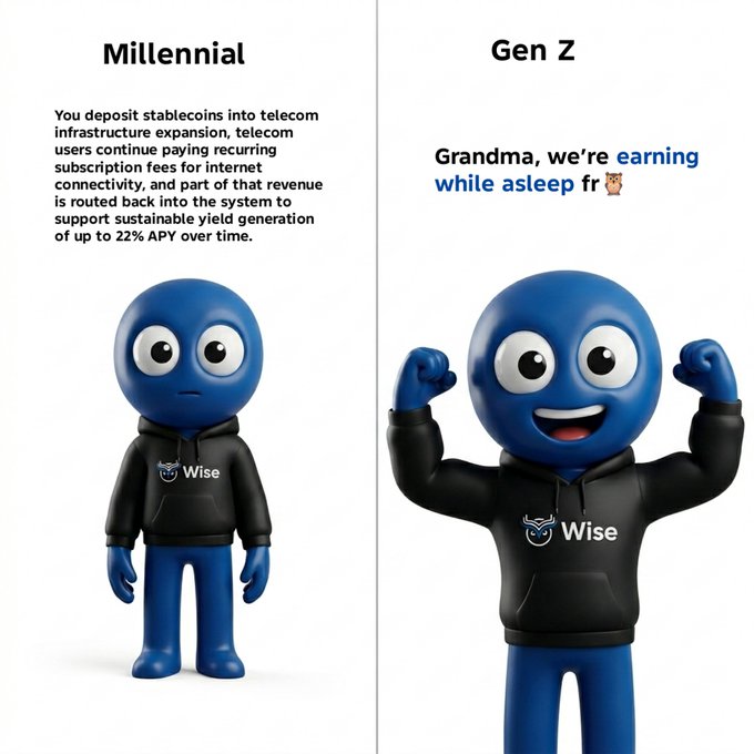 The image shows two blue cartoon characters, one wearing a black hoodie with "Wise" written on it and the other wearing a black hoodie with "Gen Z" written on it. The character on the left has their arms raised while the character on the right has their arms down. Both characters are smiling. The text in the image states that "You deposit stable income into telecom infrastructure expansion, telecommunications, and user connectivity".