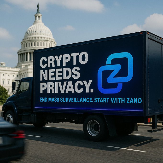 A digital advertisement on the side of a truck featuring the Zano logo, reading 'CRYPTO NEEDS PRIVACY. END MASS SURVEILLANCE. START WITH ZANO', with the U.S. Capitol building in the background.