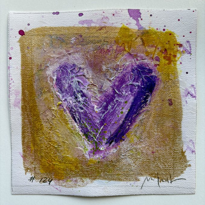 A mixed-media artwork on canvas featuring a textured purple and white heart painted in vibrant acrylics with gold and yellow accents, signed and numbered '#124'.