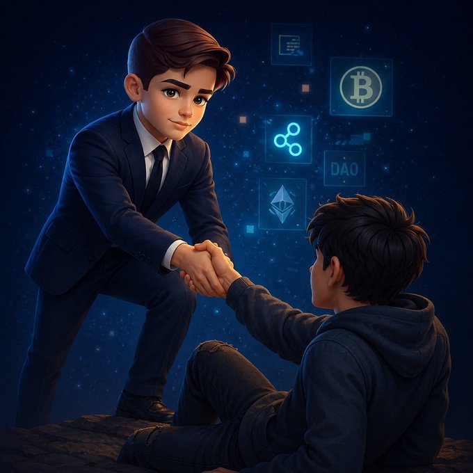 A digital illustration shows a suited businessman reaching down to shake hands with a younger person sitting on the ground, with crypto symbols including Bitcoin and Ethereum floating in a starry background.