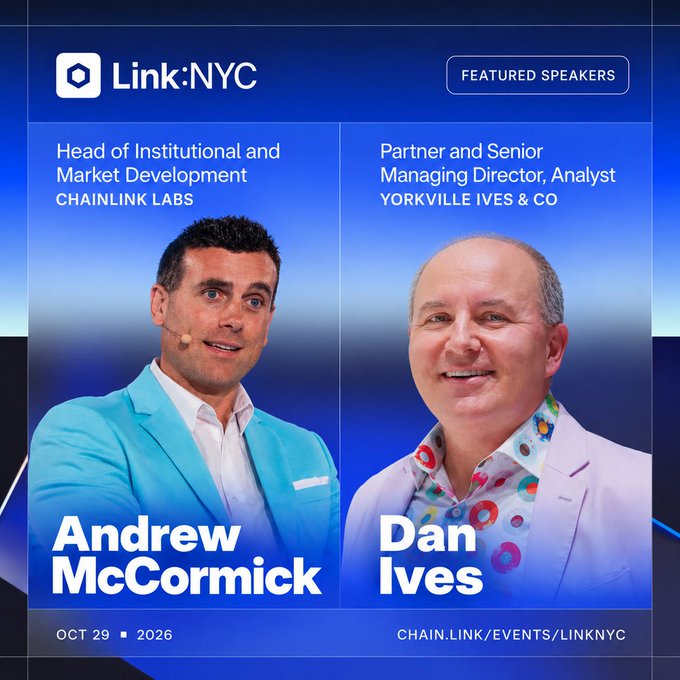A promotional graphic for 'Link:NYC' event on 'OCT 29 2026' features featured speakers 'Andrew McCormick' (Head of Institutional and Market Development, Chainlink Labs) and 'Dan Ives' (Partner and Senior Managing Director, Analyst, Yorkville Ives & Co).