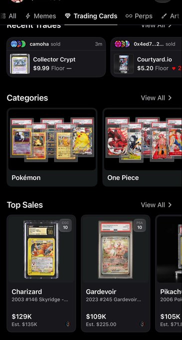 The image shows the OpenSea mobile app's trading cards section, featuring categories for Pokémon and One Piece, with top sales highlighting graded cards like a 2003 Charizard #146 sold for $129K and a 2023 Gardevoir #245 sold for $109K, while recent trades display purchases like "Collector Crypt" for $9.99 and "Courtyard.io" for $5.20. This aligns with the post's praise of OpenSea's improved mobile experience for viewing trading cards, though it also acknowledges there's still room for growth.